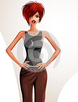 Young pretty lady with modern female haircut. Vector illustration of a woman standing, full body portrait of a girl with her hand