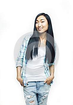 Young pretty long hair asian woman happy smiling emotional posing isolated on white background, lifestyle people concept