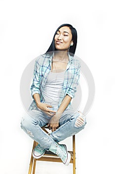 Young pretty long hair asian woman happy smiling emotional posing isolated on white background, lifestyle people concept