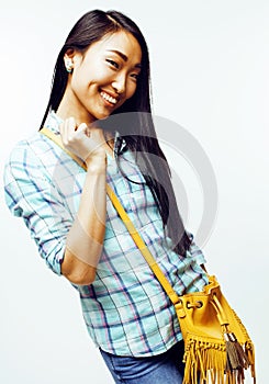 young pretty long hair asian woman happy smiling emotional posing isolated on white background, lifestyle people concept
