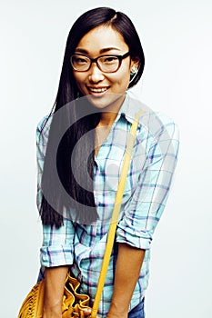 Young pretty long hair asian woman happy smiling emotional posing isolated on white background, lifestyle people concept