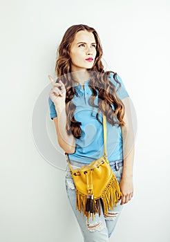 Young pretty long hair woman happy smiling isolated on white background, wearing cute tiny handbag, lifestyle people