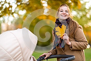 Young pretty mom smiling leaned over the stroller