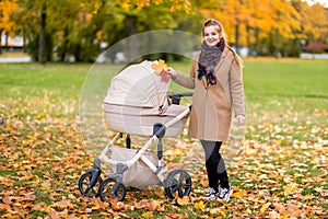 Young pretty mom smiling leaned over the stroller