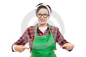 Young pretty pin-up girl pointing fingers to green apron photo
