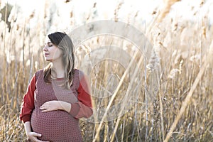 Young pretty pregnant woman outdoors on sunset