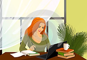 Young pretty redhead woman working laptop in comfortable workplace, modern interior. Home Office, freelance, education