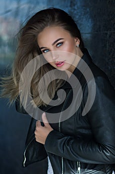 Young pretty sexy woman in leather jacket, lifestyle hipster gir