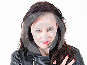 Young pretty sexy woman in leather jacket lifestyle hipster girl beauty