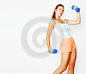 Young pretty slim blond woman with dumbbell isolated cheerful sm