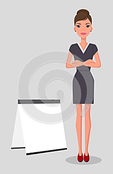 Young pretty slim Caucasian businesswoman stands near white board. Business style clothing