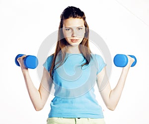 Young pretty slim woman with dumbbell isolated cheerful smiling, real sport girl next door, lifestyle people concept