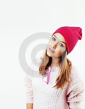 Young pretty stylish brunette hipster girl posing emotional isolated on white background happy smiling cool smile