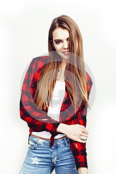 Young pretty teenage hipster girl posing emotional happy smiling on white background, lifestyle people concept