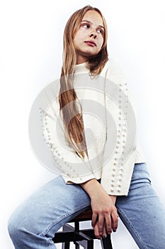 Young pretty teenage hipster girl posing emotional happy smiling on white background, lifestyle people concept
