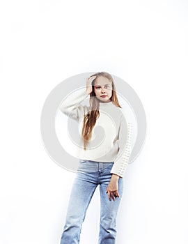 Young pretty teenage hipster girl posing emotional happy smiling on white background, lifestyle people concept