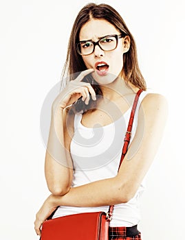 Young pretty teenage hipster girl posing emotional happy smiling on white background, lifestyle people concept