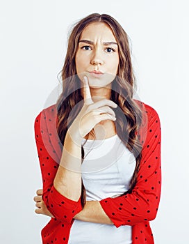 Young pretty teenage hipster girl posing emotional happy smiling on white background, lifestyle people concept