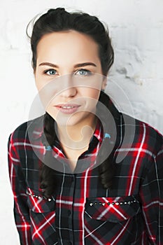 Young pretty teenage modern hipster girl posing emotional happy isolated on white background, lifestyle people concept