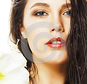 young pretty woman with big white flower close up isolated on white, hands manicure, spa people concept