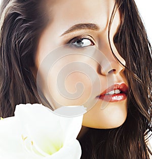 young pretty woman with big white flower close up isolated on white, hands manicure, spa people concept
