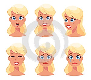 Young pretty woman, cute girl with different face expressions. Cartoon beautiful character.
