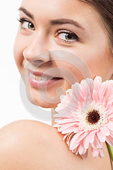 young pretty woman with flower close up isolated on white, hands manicure, spa people concept
