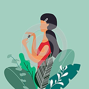 A young pretty woman or girl painting nails in big plants. Design concept for cosmetics, beauty salon and spa.