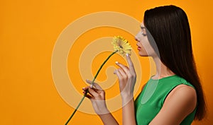 Young pretty woman hold yellow gerbera flower in green dress