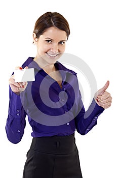 Young pretty woman holding blank business card