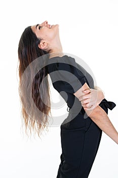 Young pretty woman long brown brunette hair side profile view posing isolated over white background