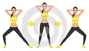 Young pretty woman make lunge exercise with hands behind head. Fit girl in leggings and crop top. Vector illustration.