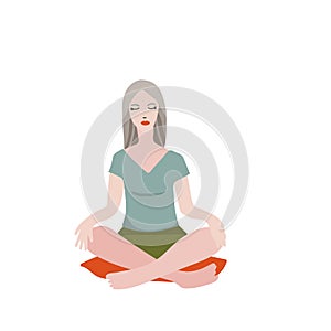 Young pretty woman performing yoga exercise. Female cartoon character sitting in lotus posture and meditating vipassana