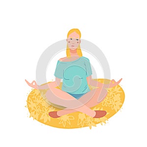 Young pretty woman performing yoga exercise. Female cartoon character sitting in lotus posture and meditating vipassana