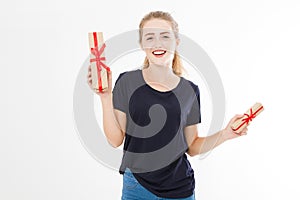Young pretty woman portrait hold stack of gift boxes. Smiling happy girl in t-shirt on white background. Holiday, summer