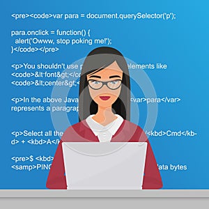 Young pretty woman programmer sitting at the desktop and working on the laptop. Coder codding flat vector illustration