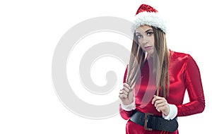 Young pretty woman in red santa claus outfit