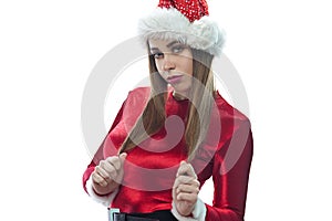 Young pretty woman in red santa claus outfit