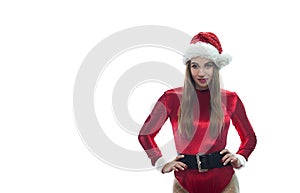 Young pretty woman in red santa claus outfit