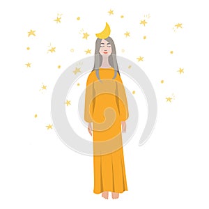 Young pretty woman stands with moon on her head and stars shining around. Female cartoon character stands