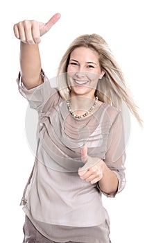 Young pretty woman with thumbs up on white background