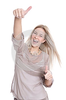 Young pretty woman with thumbs up on white background