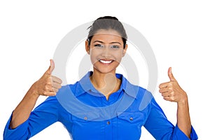 Young pretty woman with two thumbs up sign gesture