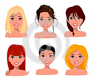 Young pretty women, pretty faces with different hairstyles. Cartoon beautiful girl, flat style.