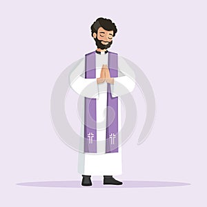 Young priest praying with hands together and dressed with alb and purple stole