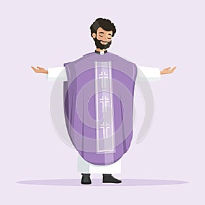 Young priest with purple chasuble praying with outstretchead arms