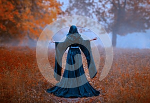 Young priestess holds a secret rite of sacrifice, is alone in the autumn forest on a large glade. the escaped queen wore photo