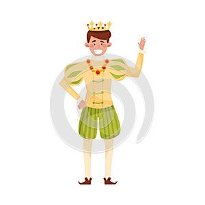 Young Prince with Golden Crown Standing and Waving Hand Vector Illustration