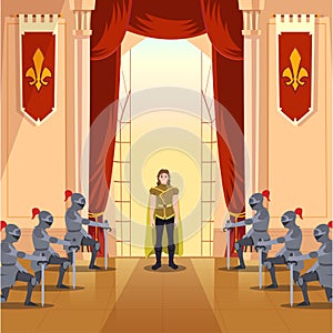 The young prince walked into the castle hall with soldiers