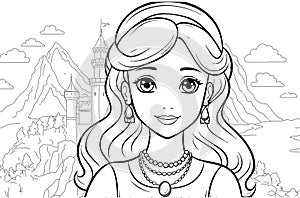 Young princess portrait coloring page. Outline black ink drawing antistress coloring book mountain forest isolated on